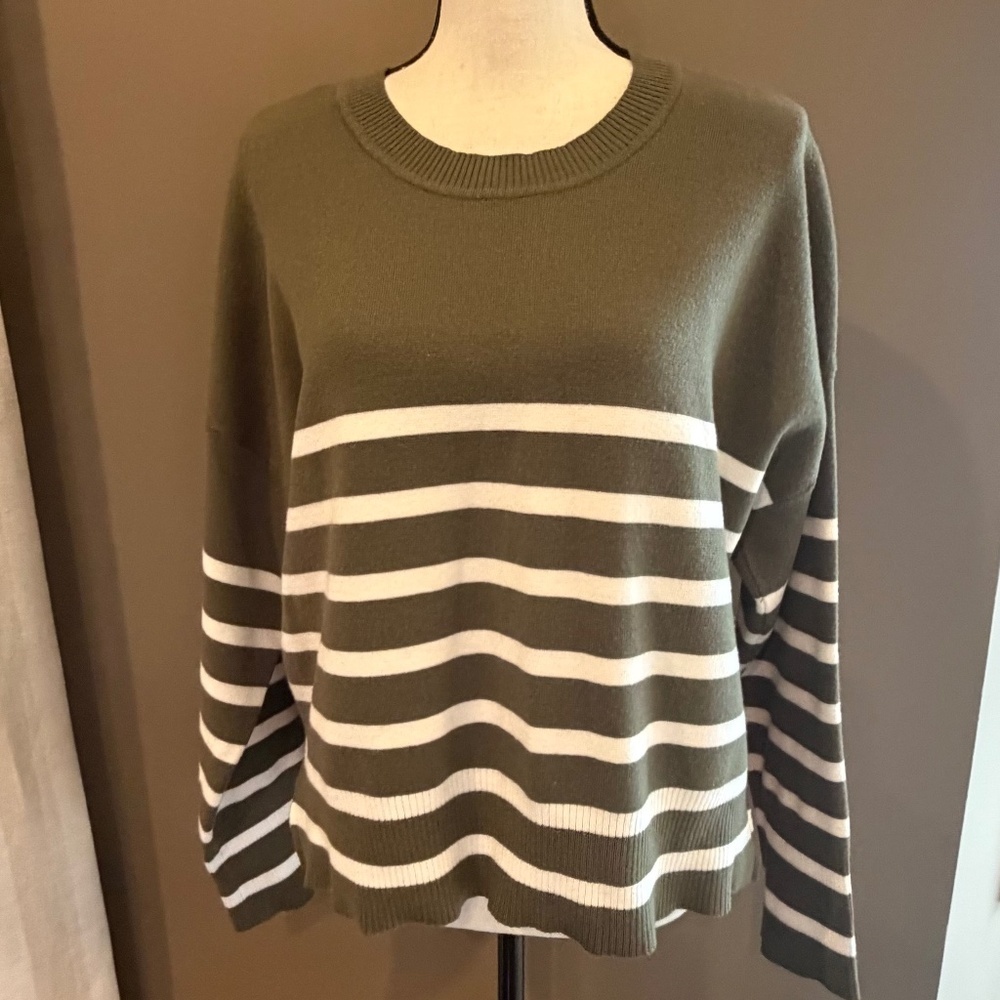 For the Republic Crewneck olive and cream striped sweater, Size XL